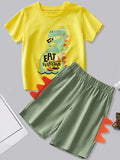 Yellow children’s dinosaur graphic tee and shorts set, short sleeves and elastic waist