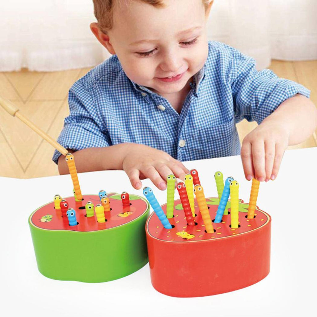 New Fruit Shape Kids Wooden Toys Catch Worms Games with Magnetic Stick Montessori Educational Creature Blocks Interactive Toys