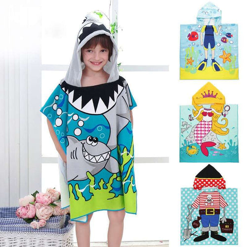 Kids hooded microfiber beach towel, gray and teal with cartoon shark face hood