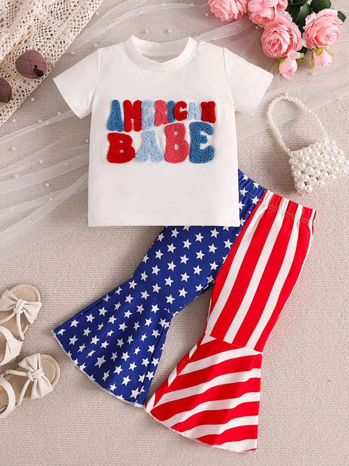 Toddler patriotic set with white American Babe T-shirt and star-spangled flare pants