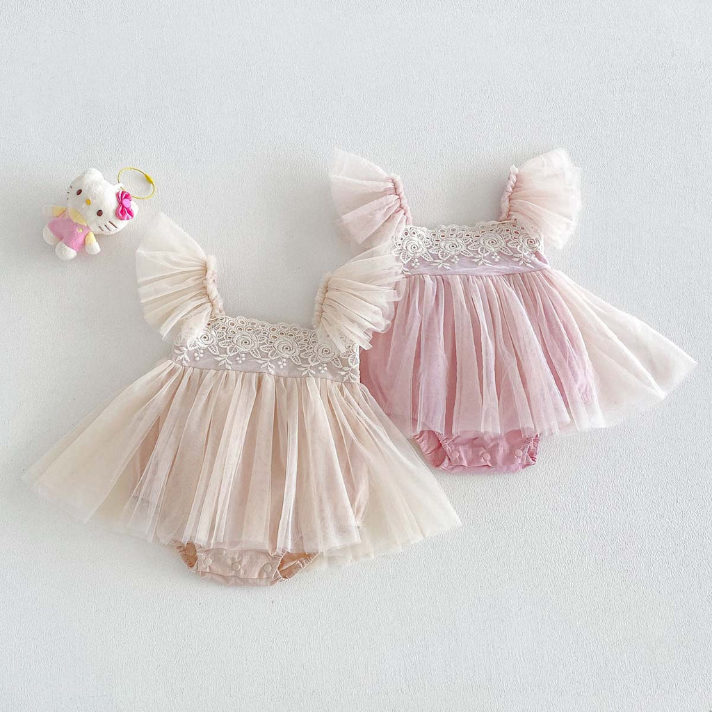 Baby Summer Lace Trim Flutter Sleeve Bodysuit Dress, Girl Baby Full Moon First Birthday Princess Dress, Tulle Dress