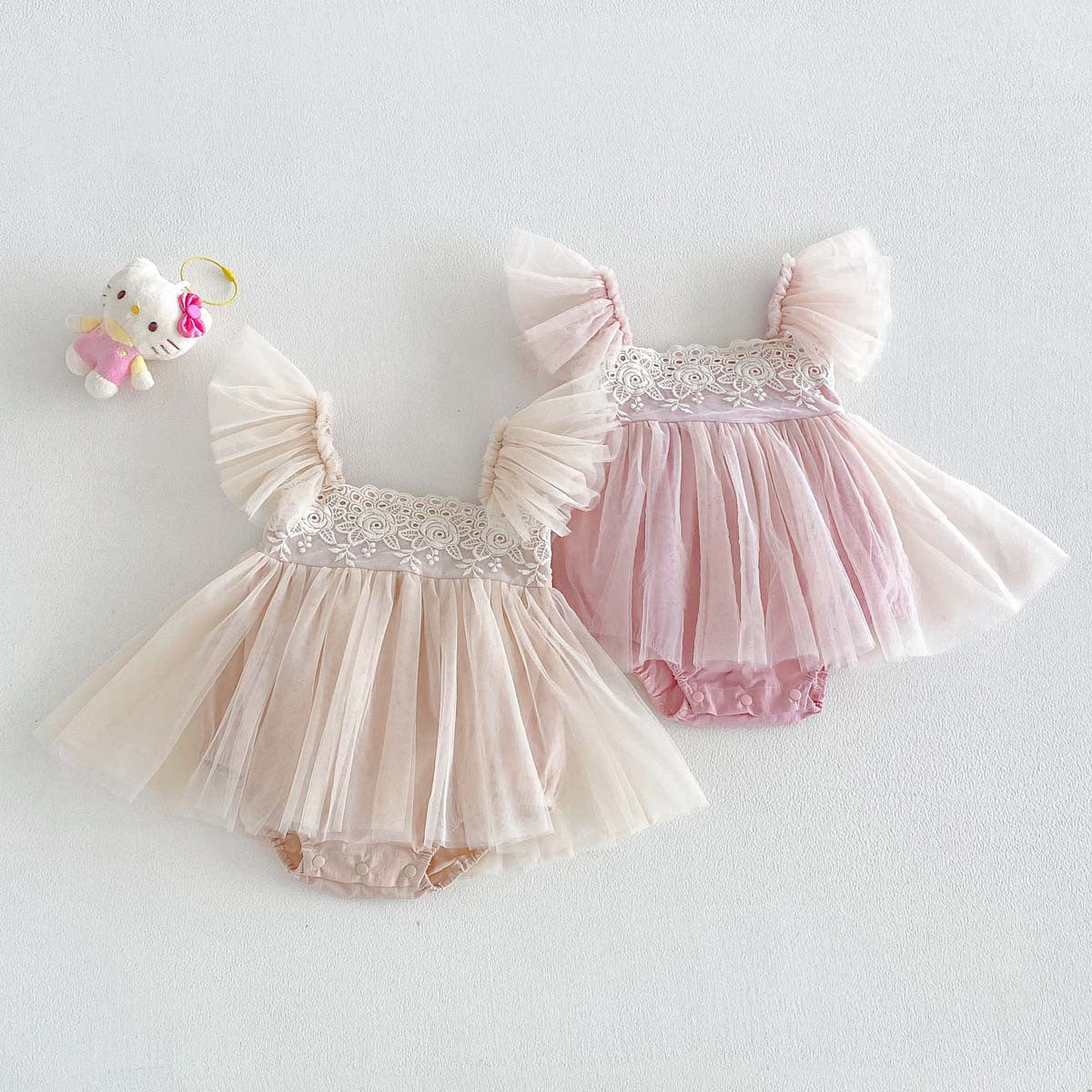 Baby Summer Lace Trim Flutter Sleeve Bodysuit Dress, Girl Baby Full Moon First Birthday Princess Dress, Tulle Dress