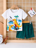 Kids dinosaur graphic short sleeve tee and dark green patterned shorts set