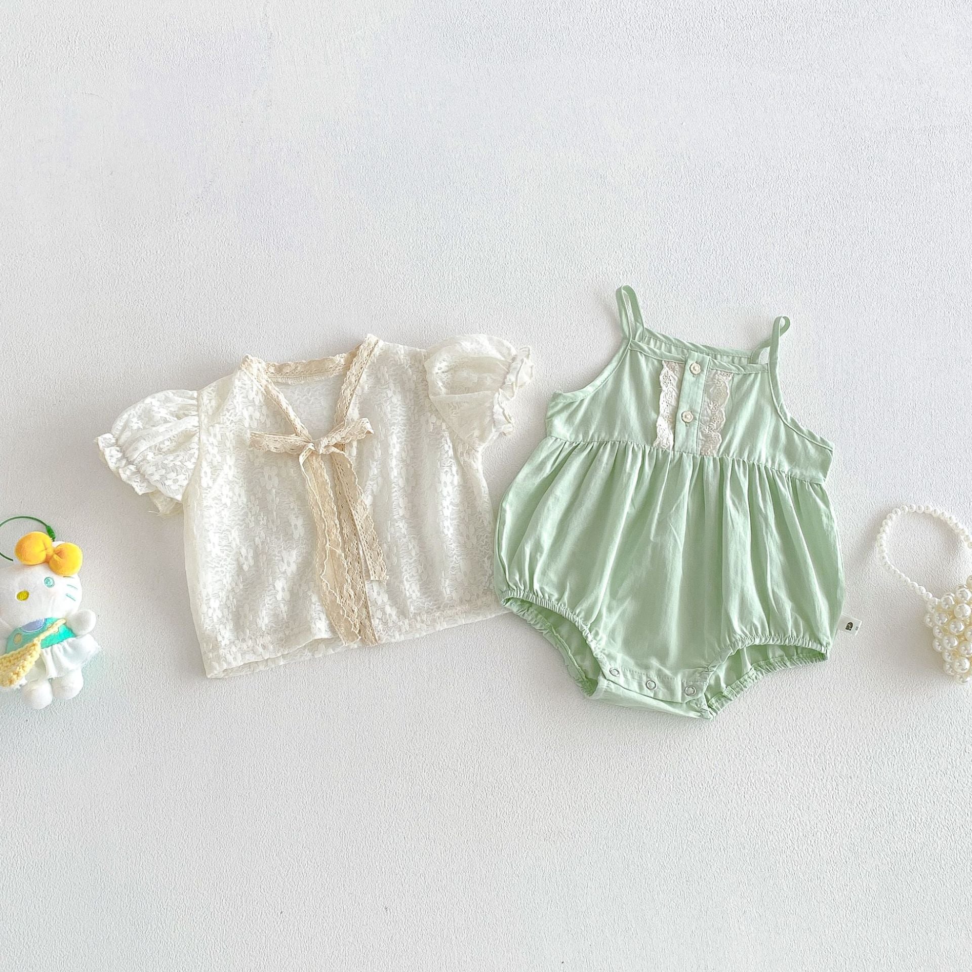 Cute Lace Puff Sleeve Cardigan Thin Outerwear with Matching Romper Set for Baby Girls Summer New Style