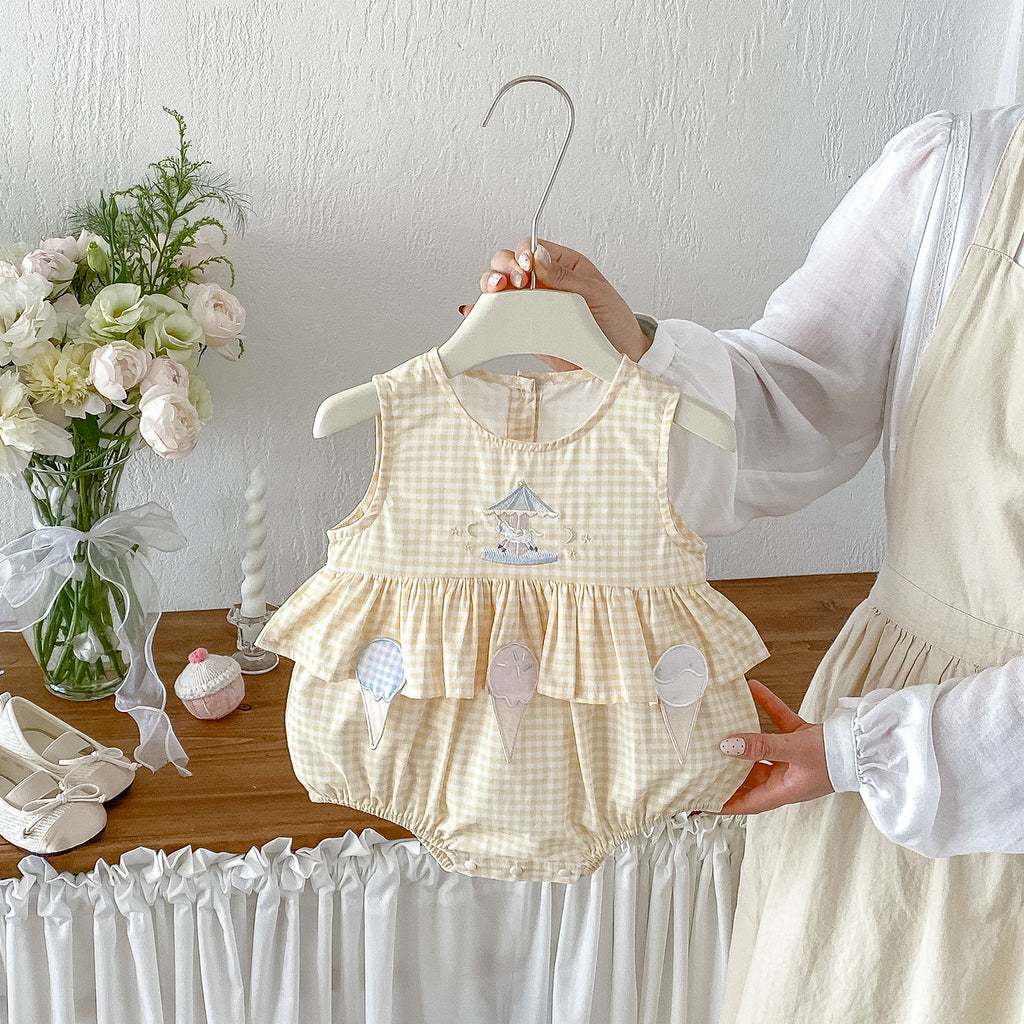 Cute Cartoon Checkered Sleeveless Romper for Baby GirlsFashionable Breathable Onesie