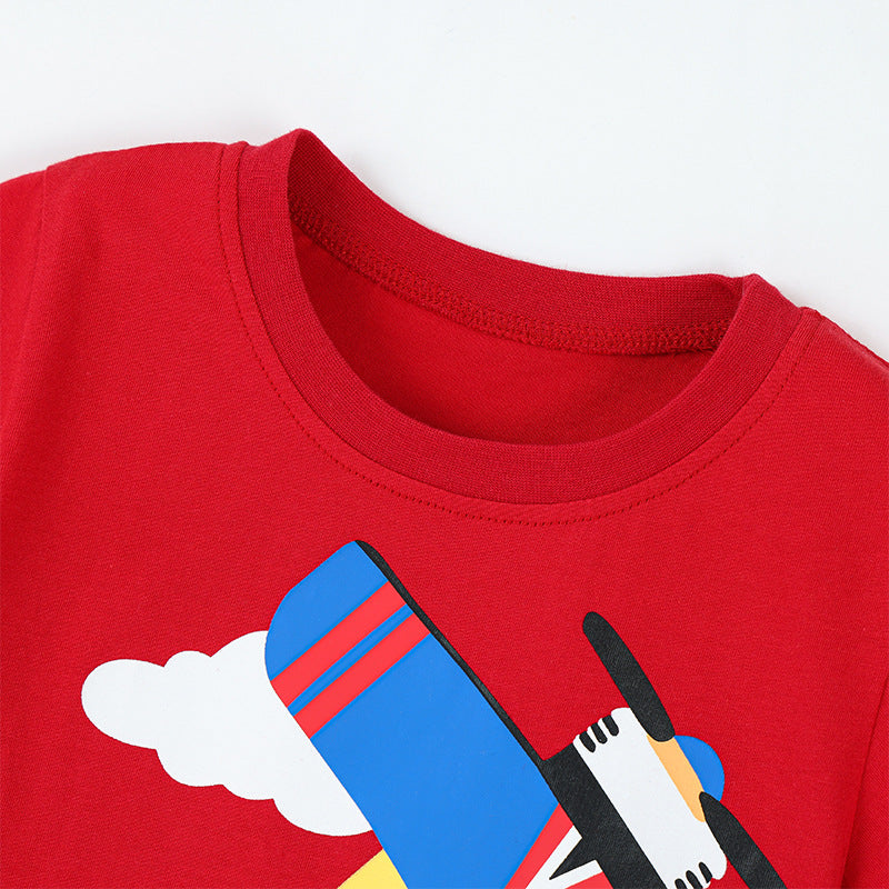 Plane Print Short Sleeve Round Neck Kids T-shirt