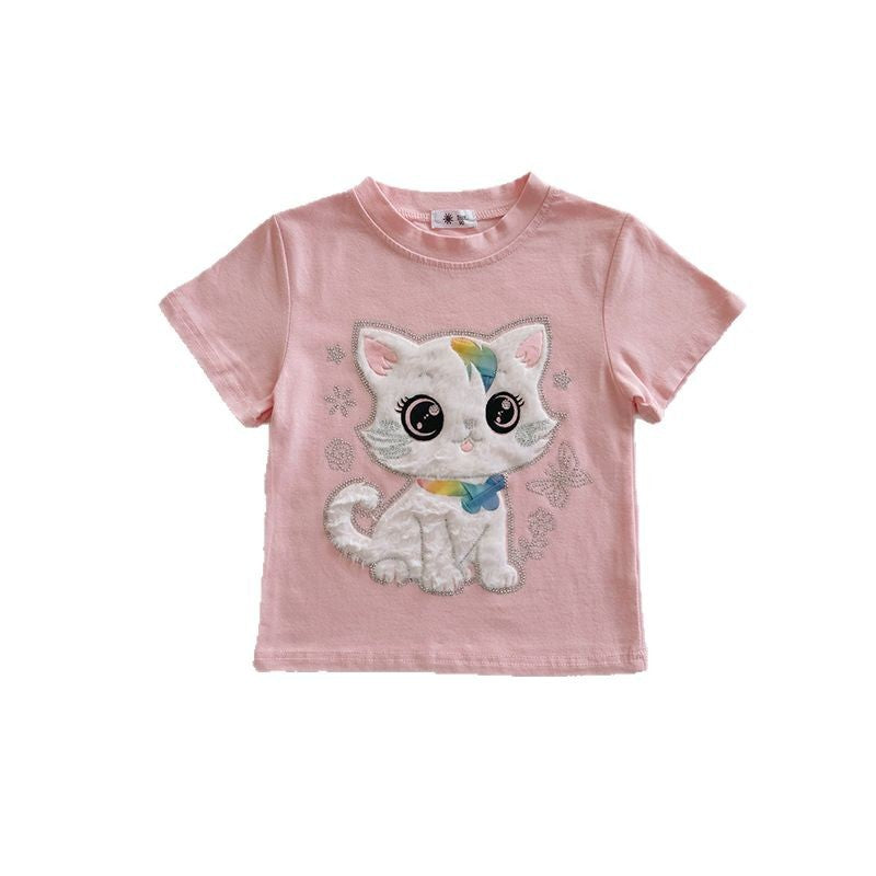 3D Cartoon Cute Cat Brick Design Sweet Top New Short Sleeve Summer Lightweight T-Shirt for Kids and Toddlers