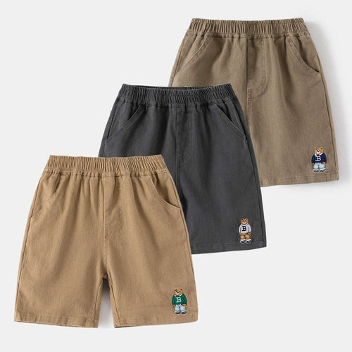 Boys shorts set: tan and dark gray pairs with cartoon patch embroidery on the hem
