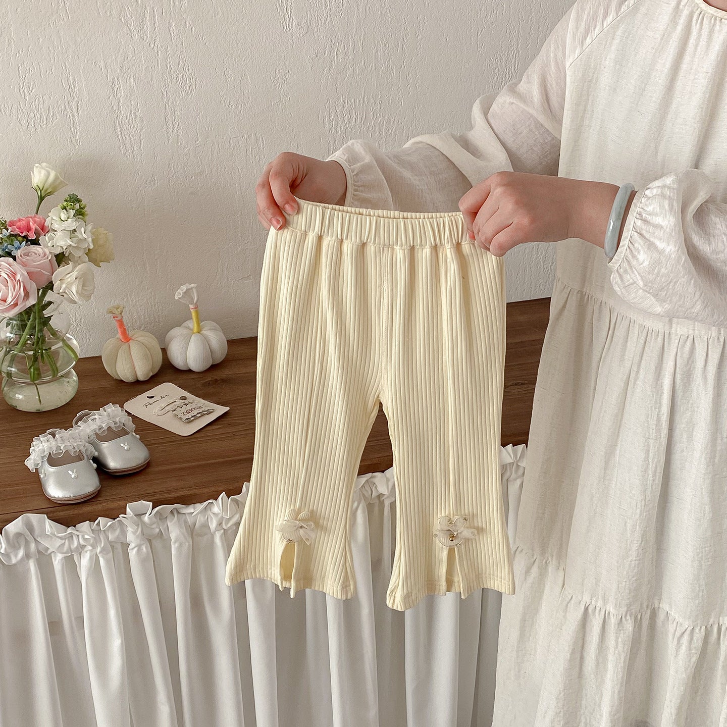 Cute Butterfly Knot Knit Pants for Baby Girls, Spring New Style, Forked Cuff Design, Fashionable and Versatile