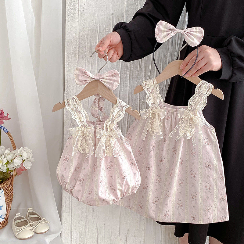 Cute Floral Baby Girl Romper with Lace Butterfly Ties Sleeveless Dress for Summer