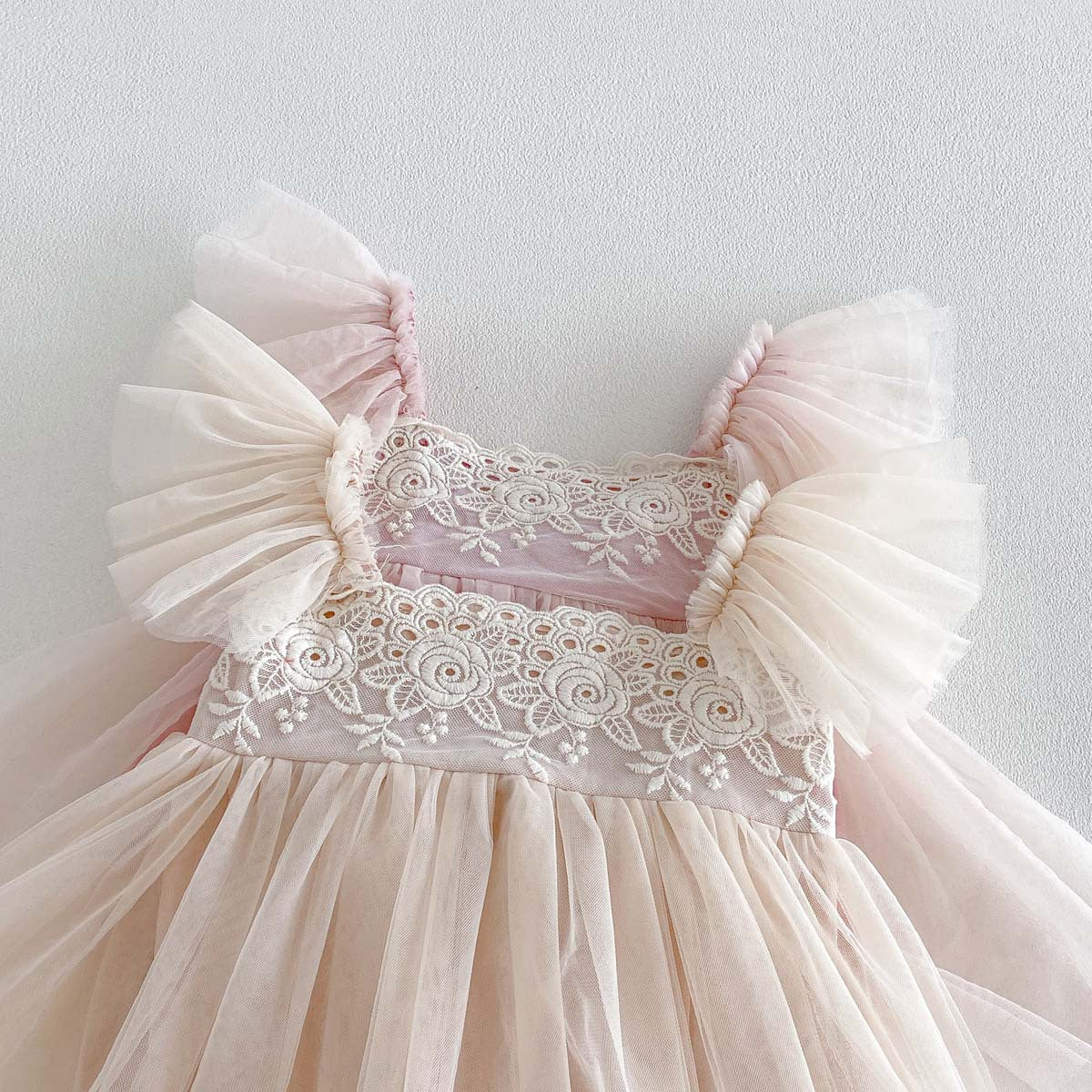 Baby Summer Lace Trim Flutter Sleeve Bodysuit Dress, Girl Baby Full Moon First Birthday Princess Dress, Tulle Dress