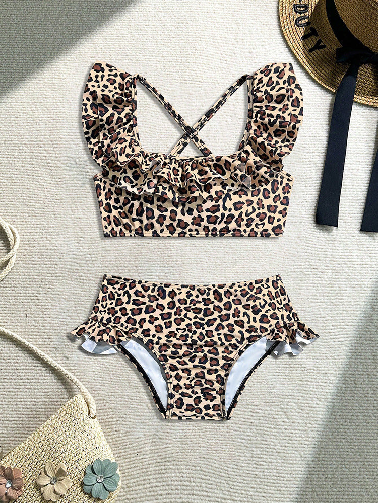 Leopard Print Short Sleeve Swimwear for Kids