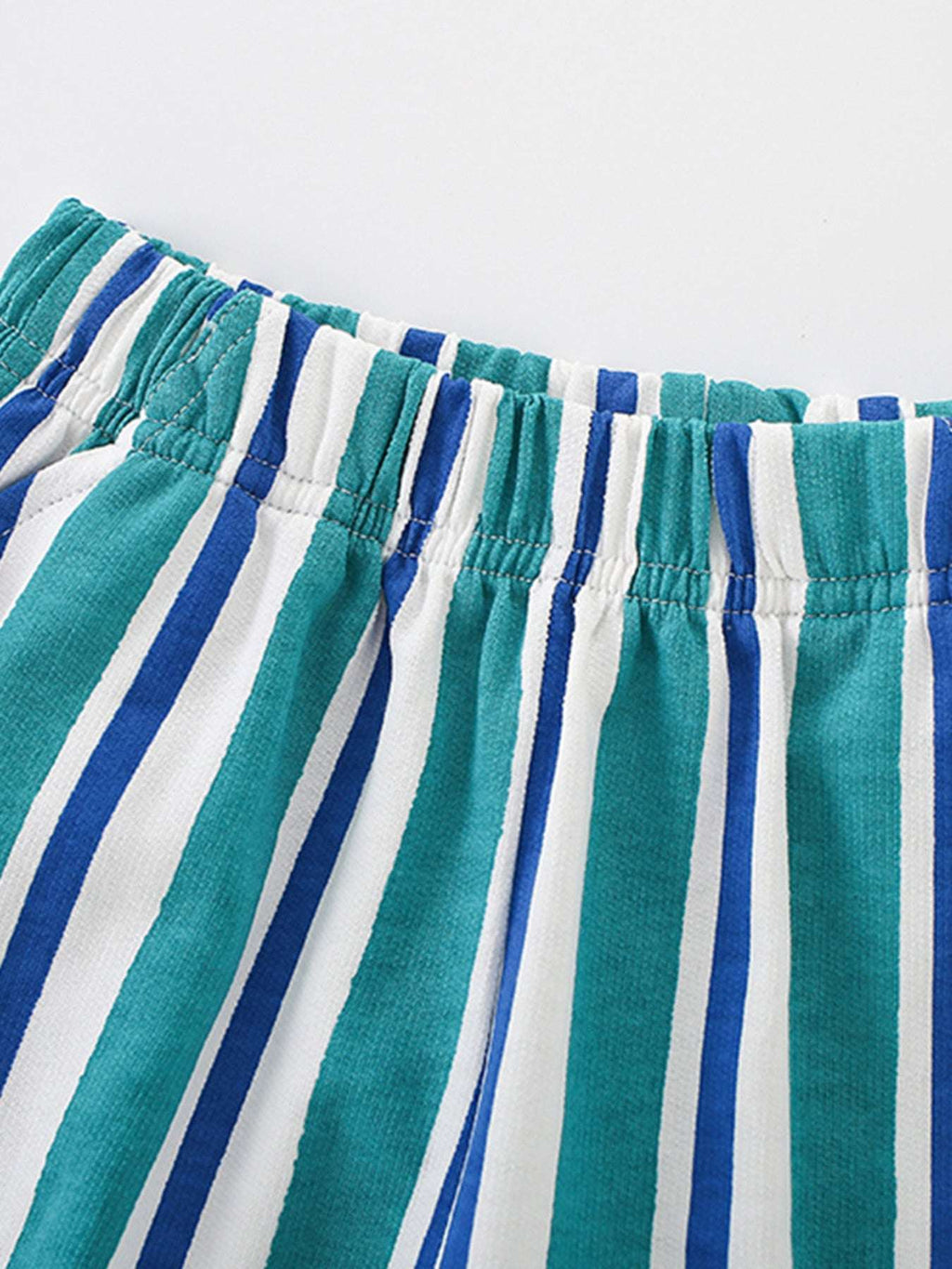 Children's striped shorts set with elastic waistband and aqua-blue striped fabric