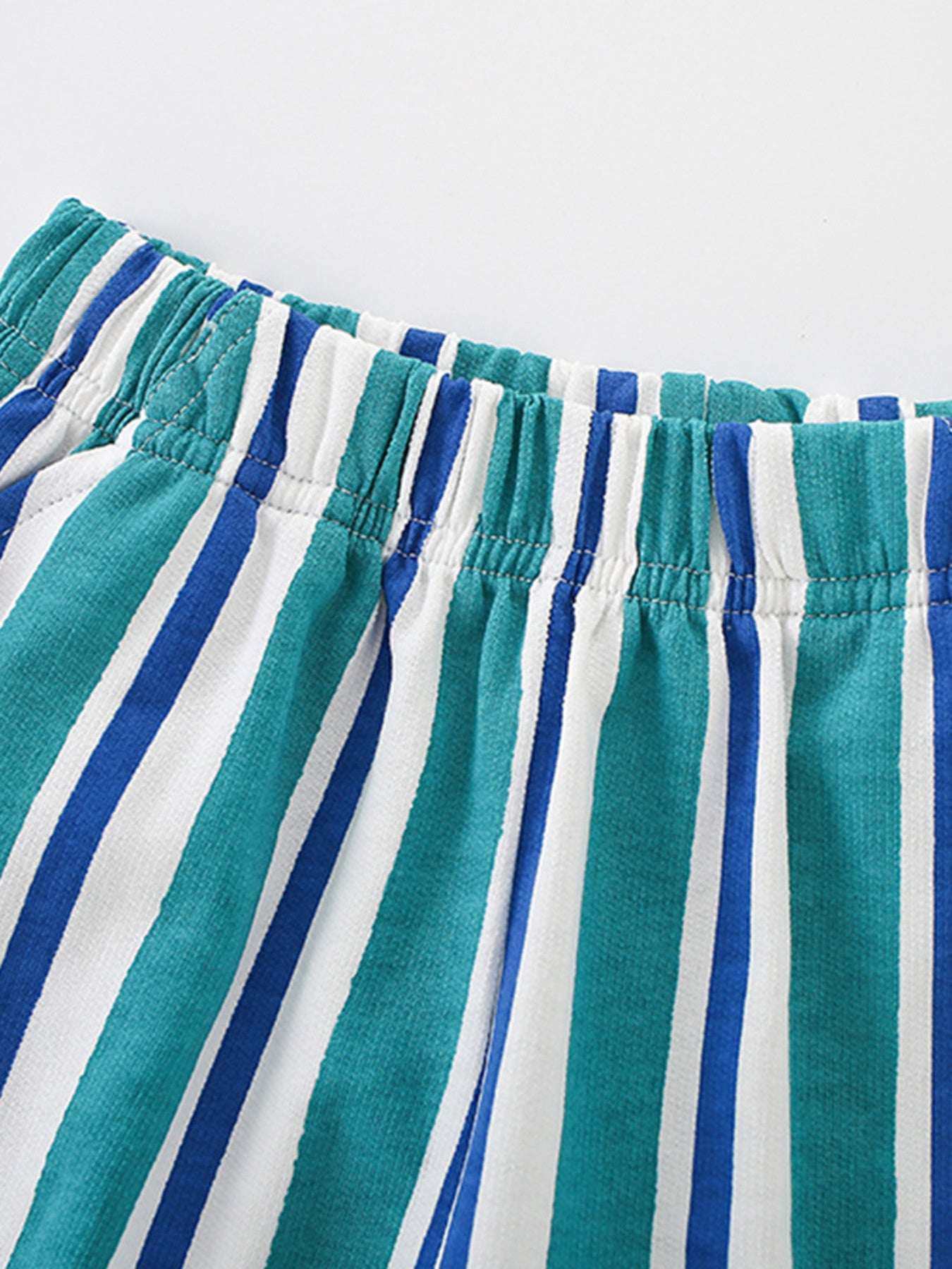 Children's striped shorts set with elastic waistband and aqua-blue striped fabric