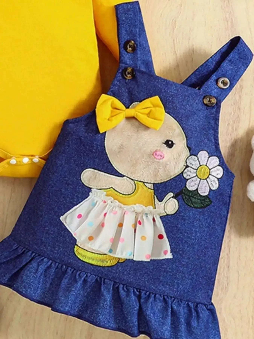 Children's blue denim overall dress with bunny applique and yellow bodysuit