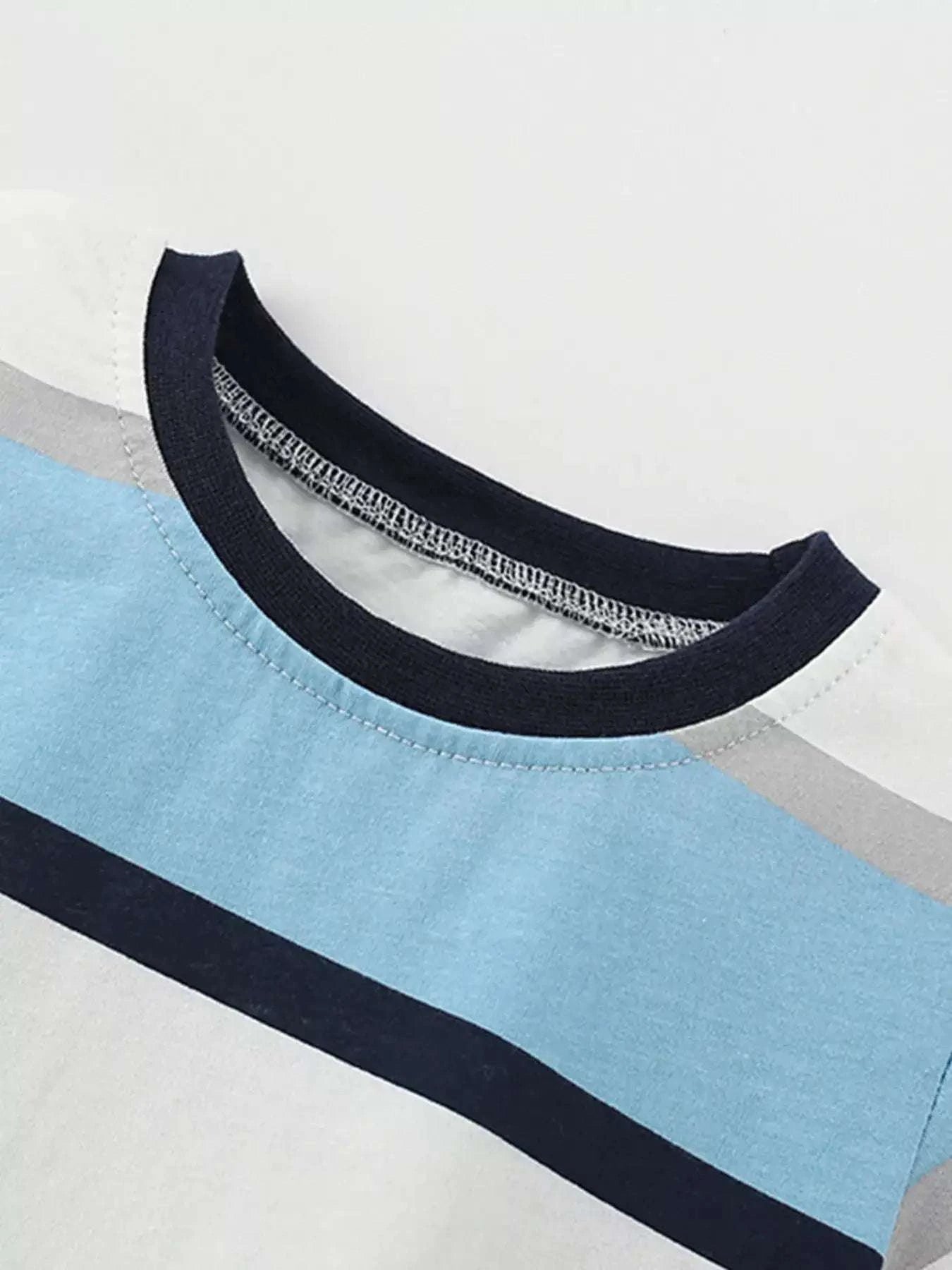 Kids light blue striped T-shirt with dark crew neck trim