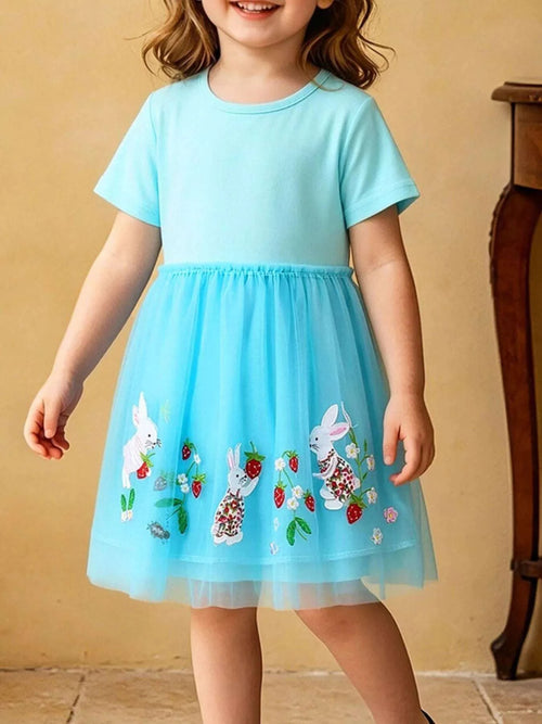 Aqua tulle dress on child with bunny and strawberry motif skirt