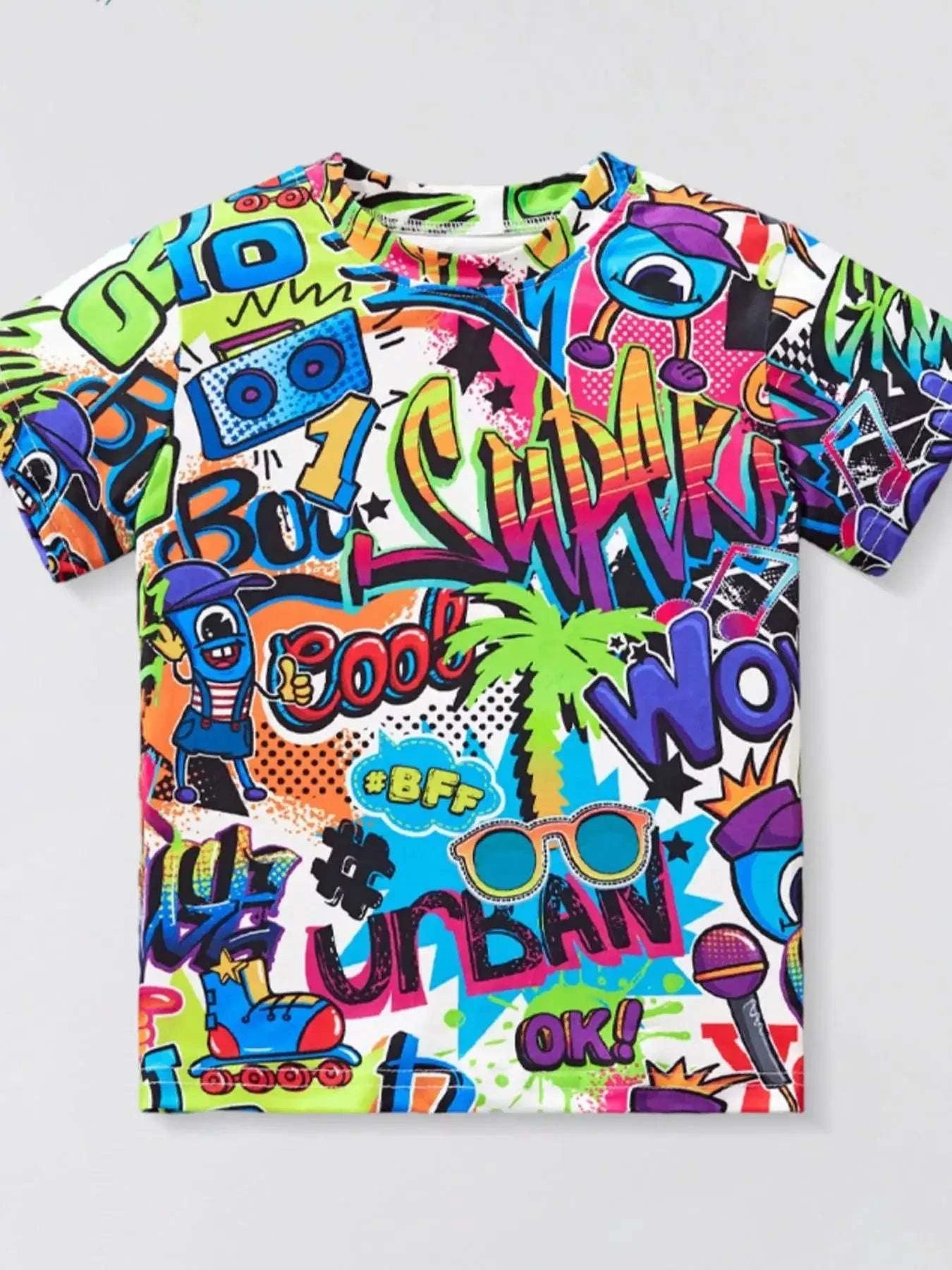 Kids graffiti print crew neck short-sleeve T-shirt, multicolor on white base