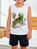 Children's lizard tank and shorts set: white sleeveless top, green lizard graphic, navy shorts