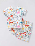 Kids cartoon print short-sleeve tee and shorts set, white with colorful animals