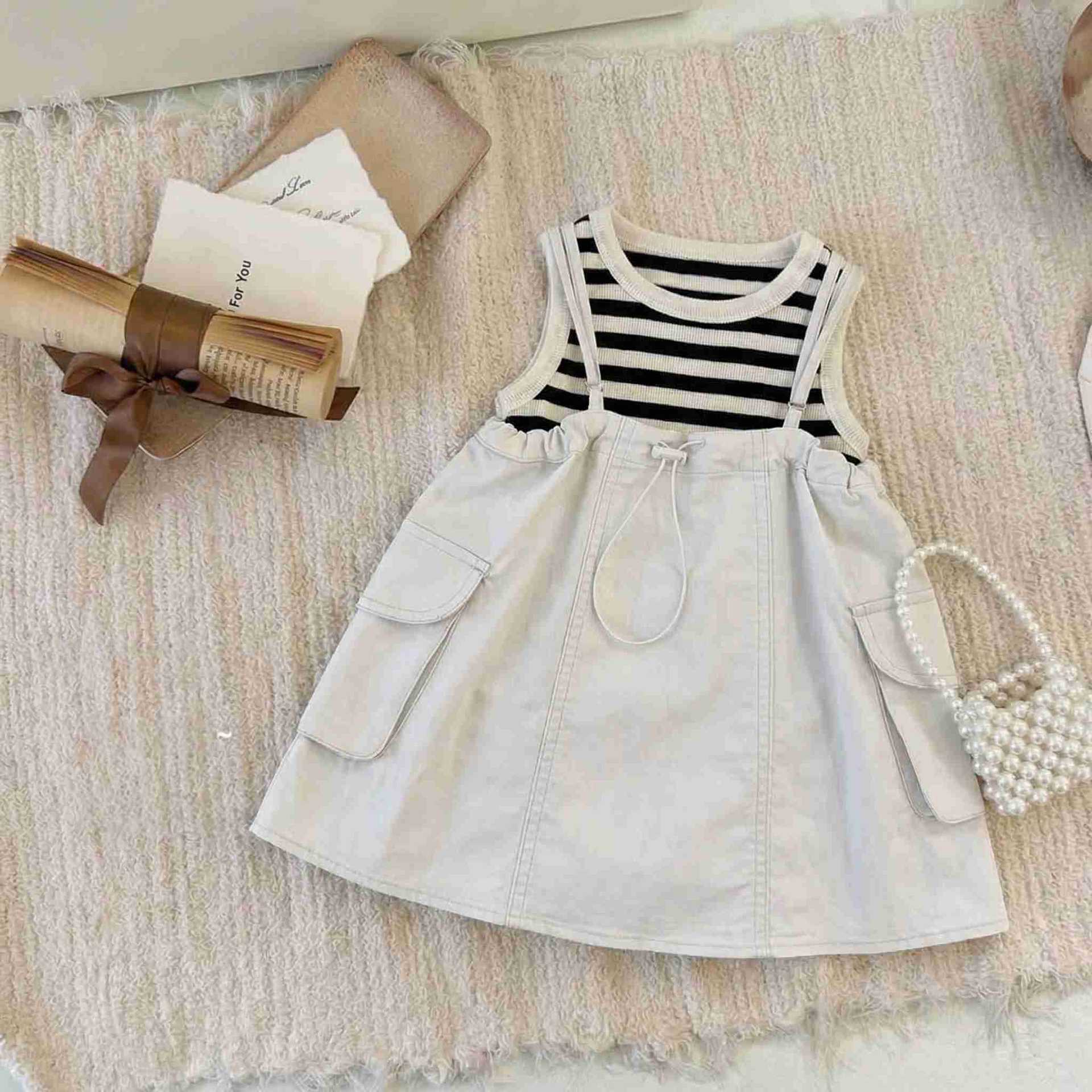 Striped Tank Top with Stylish  Cargo Overalls Dress Set for Baby Girls