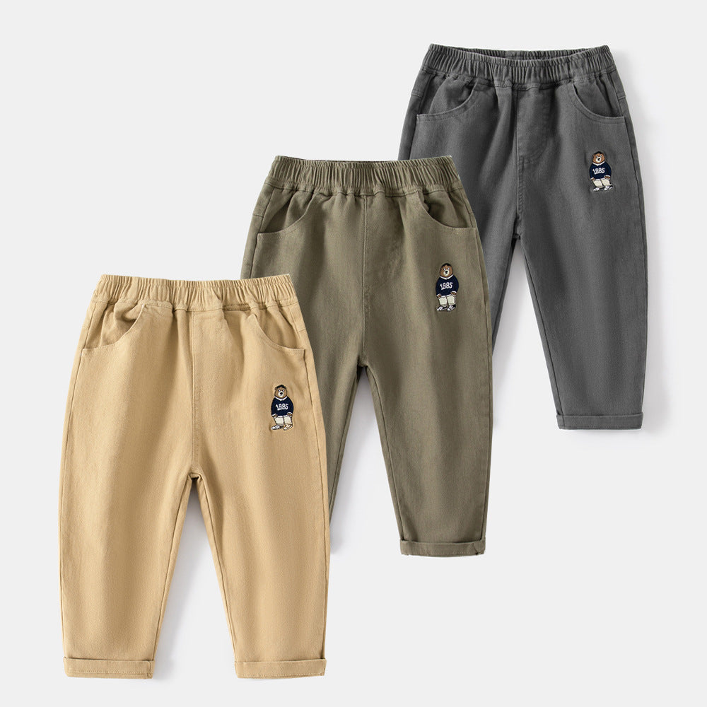 Boy's Spring and Autumn Casual Long Pants with Cartoon Embroidery for Kids and Toddlers