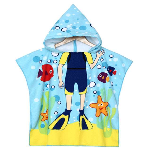 Kids hooded beach towel, light blue with sea animal and starfish cartoon