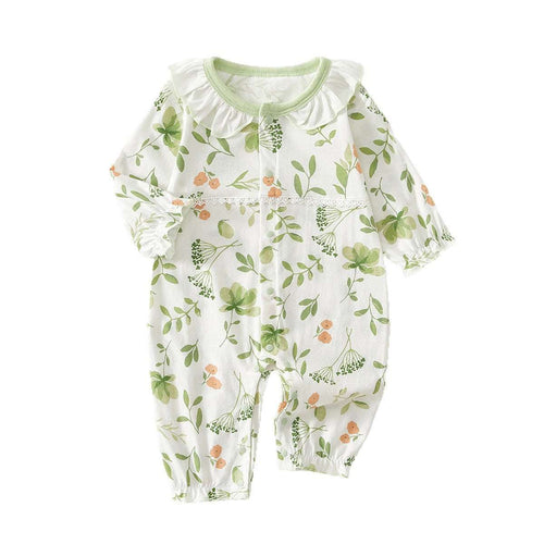 Cream baby short-sleeve jumpsuit with green floral print and ruffled yoke collar
