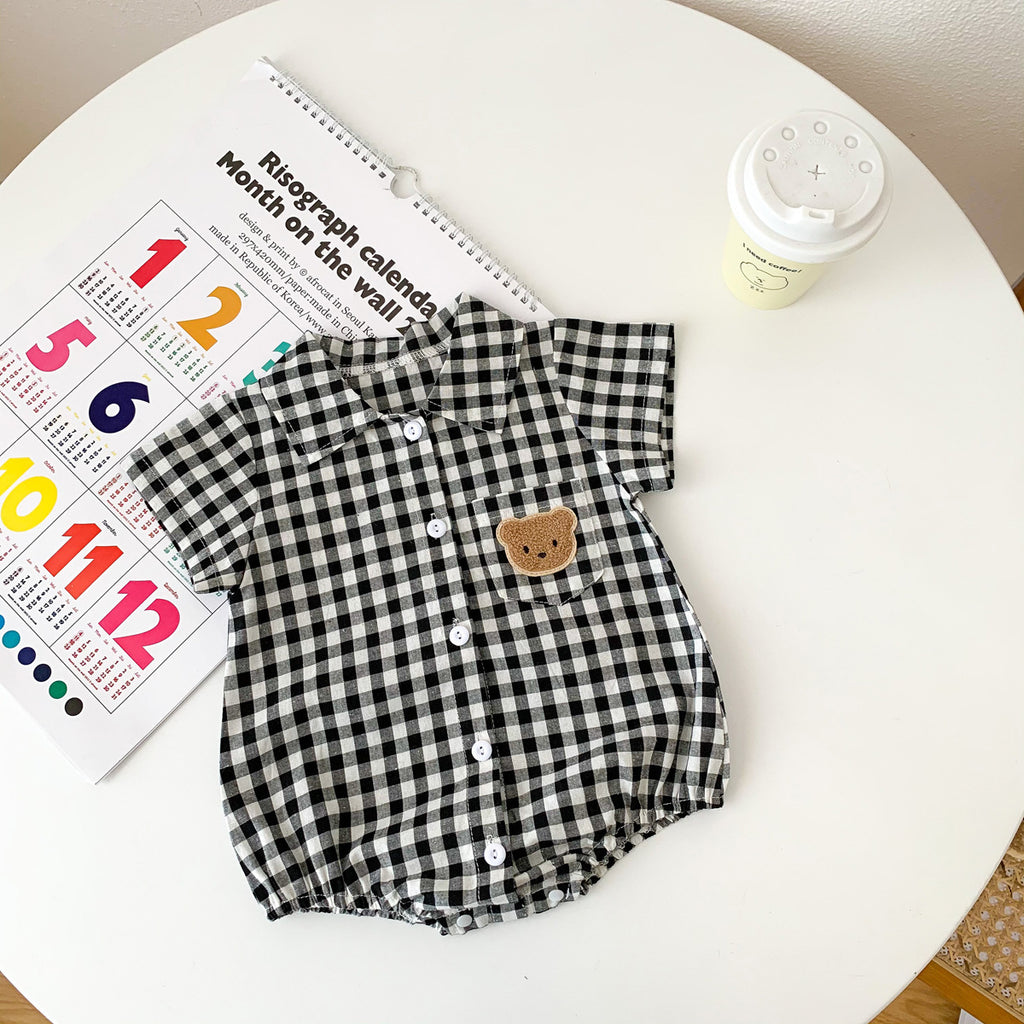 Summer Boy's Gentleman Collar Romper with Plaid Bear Pattern Lightweight Baby Onesie