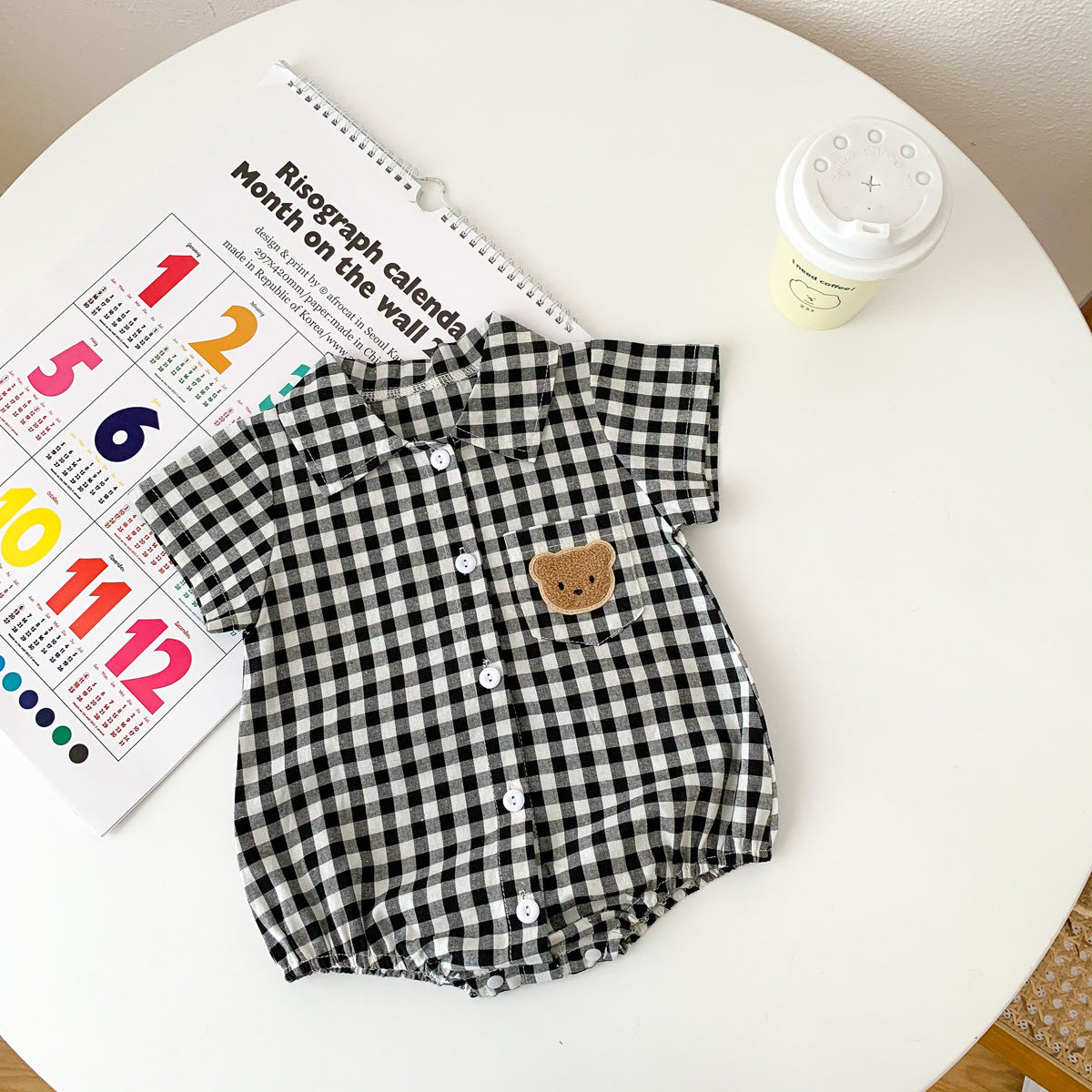 Summer Boy's Gentleman Collar Romper with Plaid Bear Pattern Lightweight Baby Onesie