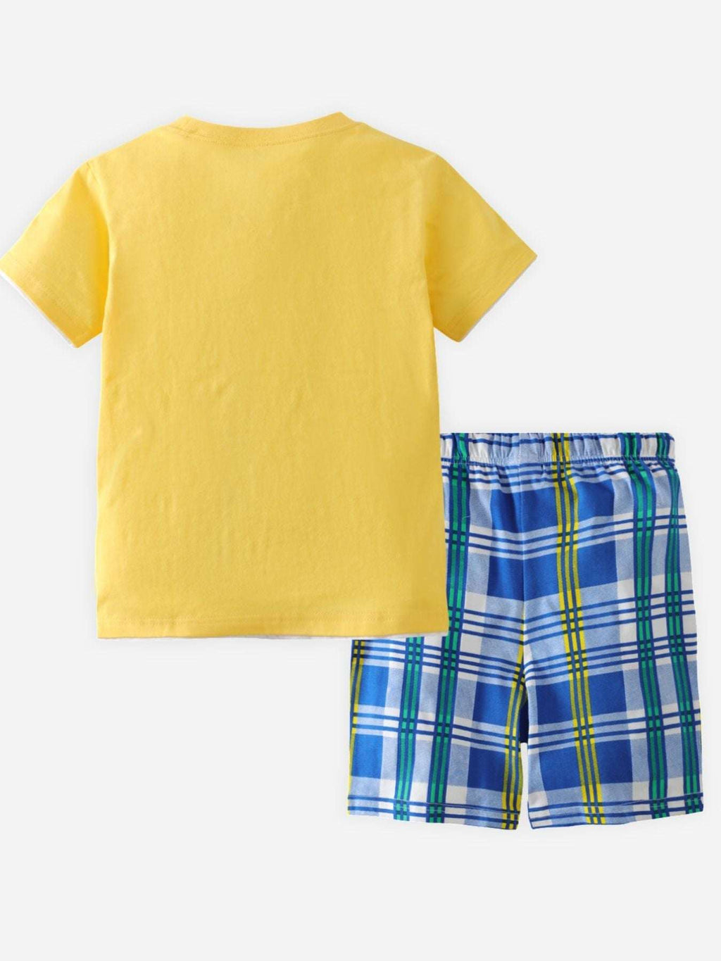 Children's tee and shorts set with yellow short-sleeve top and blue plaid shorts