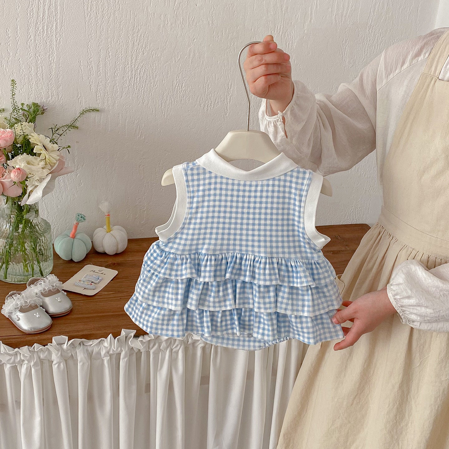 Summer New Baby Girl Checkered Princess Dress, Sleeveless Romper with Open Crotch, Baby Bodysuit Skirt