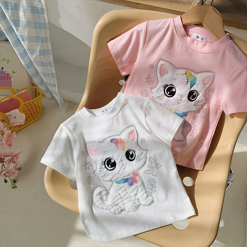 3D Cartoon Cute Cat Brick Design Sweet Top New Short Sleeve Summer Lightweight T-Shirt for Kids and Toddlers