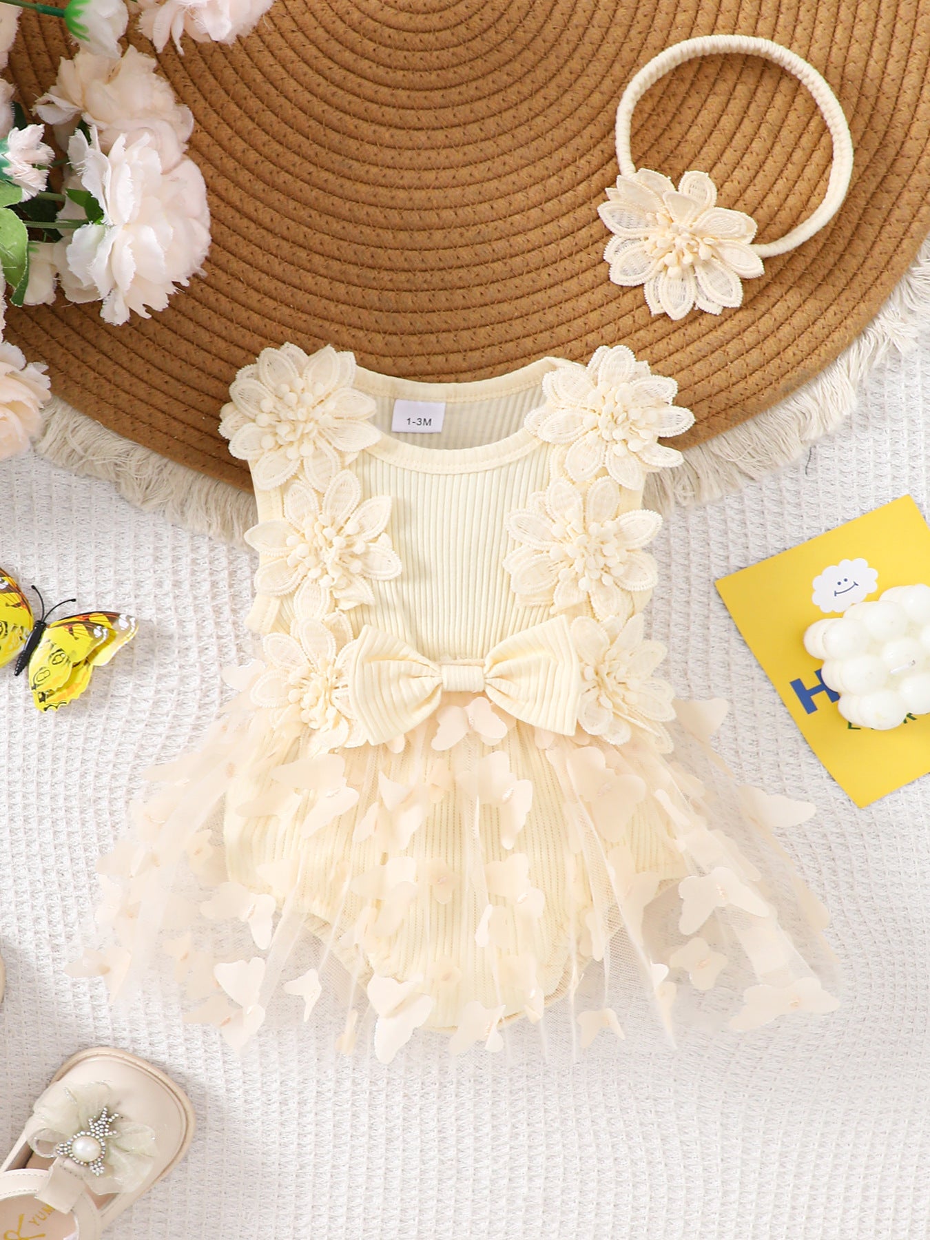 Cotton Baby Romper with Stripes and Butterfly Design, Sleeveless One-Piece Outfit with Headband for Girls, Summer Casual Wear