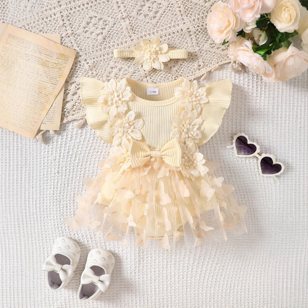 Cute Mesh Baby Romper Summer Sleeveless Ribbed Onesie with 3D Butterfly Design
