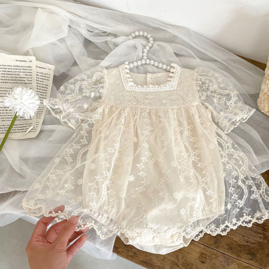 Baby Romper Short Sleeve Mesh Onesie Sweet Princess Embroidered Baby Dress Outfit for Celebration Crawling Suit