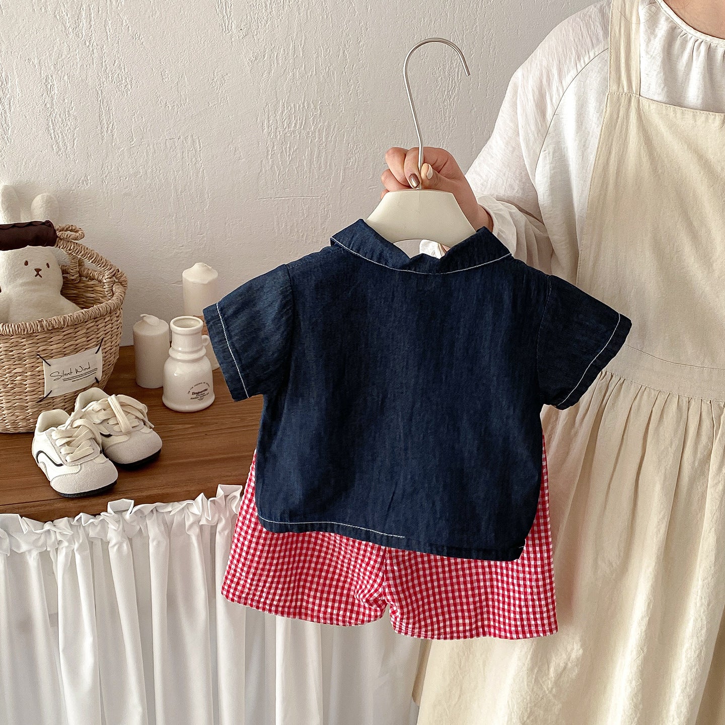Baby Casual Simple Denim Shirt Set, Boys' Summer New Short Sleeve Checkered Pants Two-Piece Set