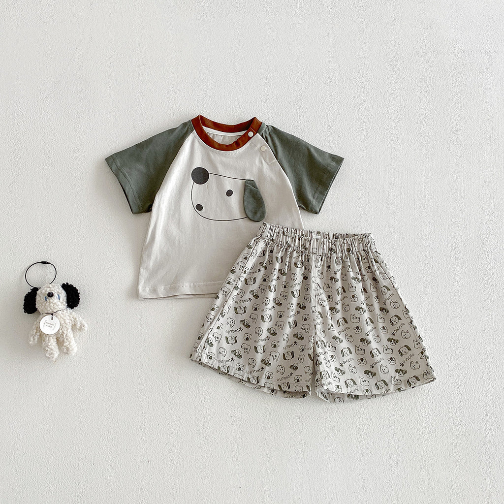 Summer New Infant and Toddler Cute Cartoon DogShort Sleeve Top with Printed Shorts Two-piece Set