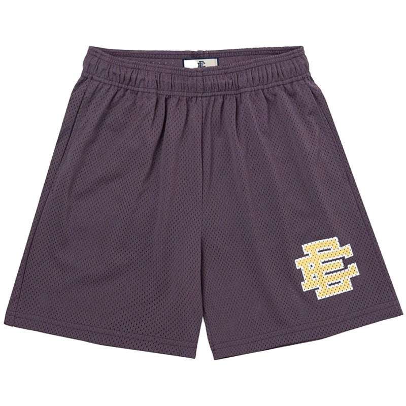 Boys mesh sports shorts, purple with elastic waistband and side yellow graphic logo