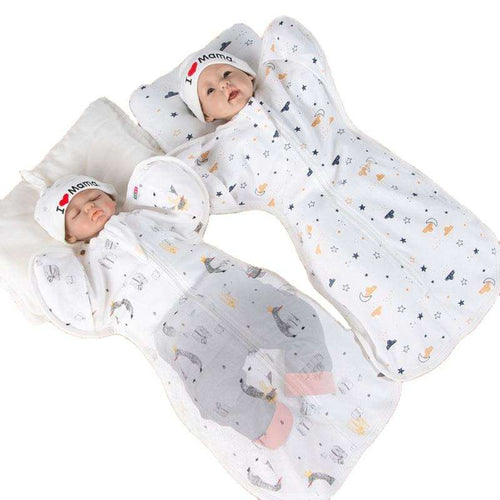 Baby cotton anti-kick sleeping bag, white with animal and star prints, open wrap design
