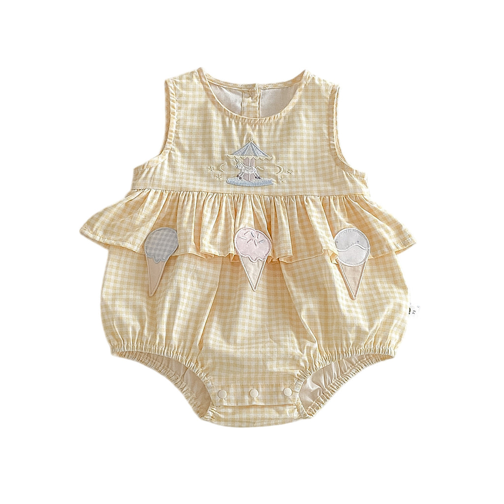 Cute Cartoon Checkered Sleeveless Romper for Baby GirlsFashionable Breathable Onesie