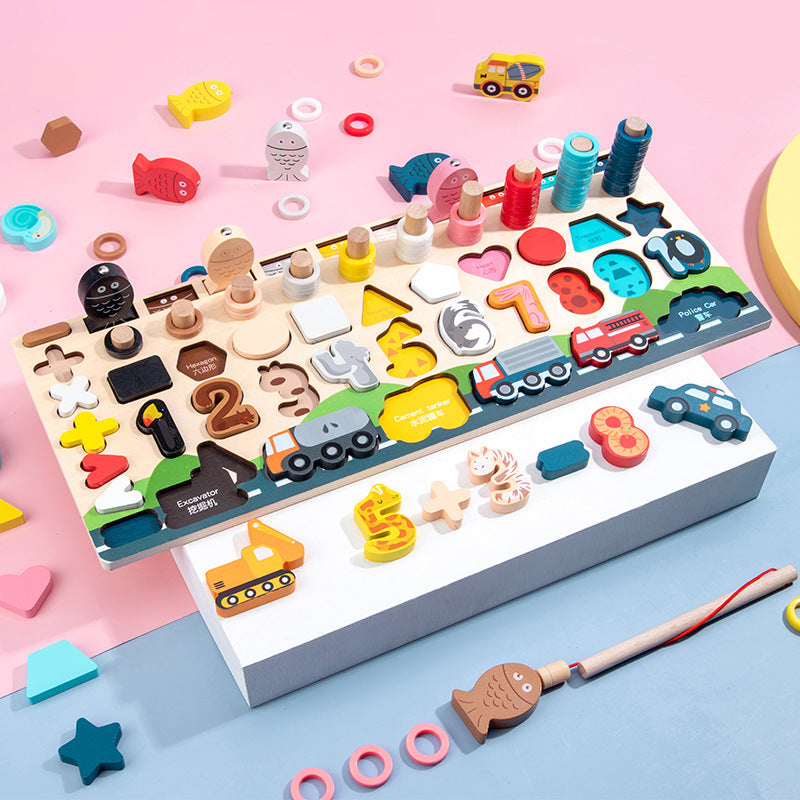 7-In-1 Traffic Logarithmic Board Children's Educational Development Early Childhood Educational Puzzle Building Blocks Fishing Toys