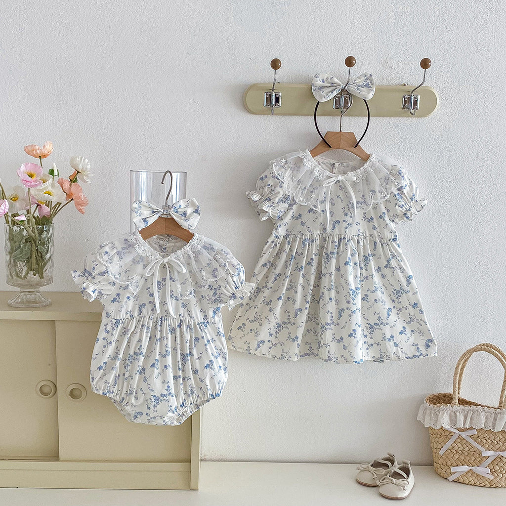 Cute Baby Short Sleeve Triangular Romper with Lace Collar Princess Dress Fashion Twin Set