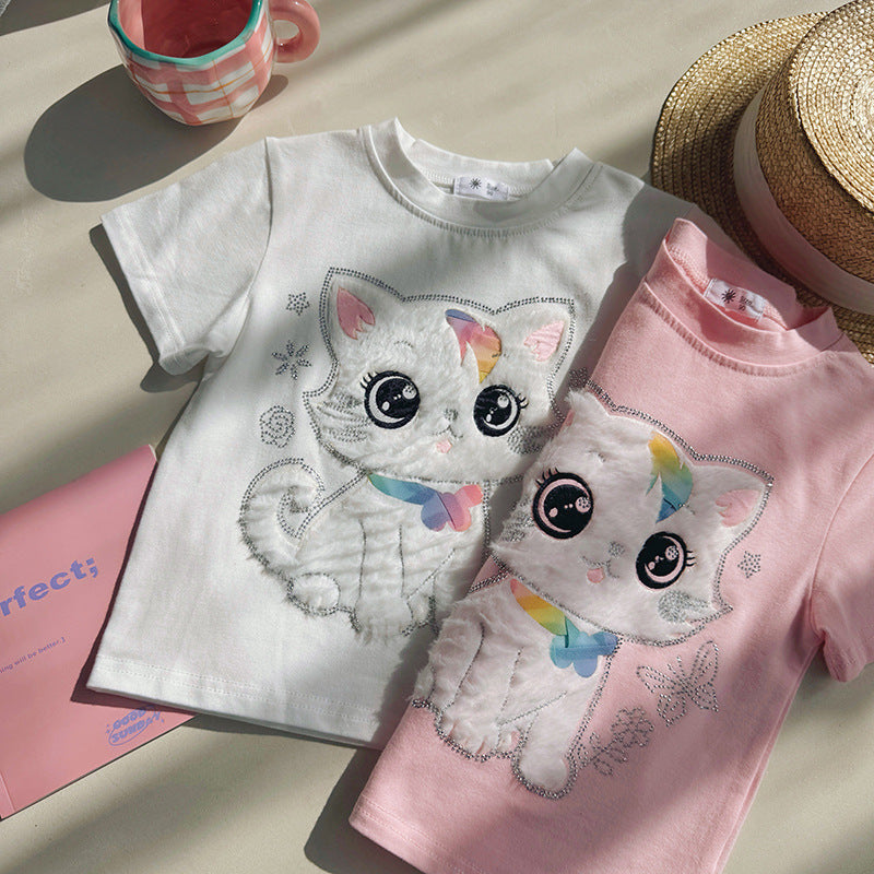 3D Cartoon Cute Cat Brick Design Sweet Top New Short Sleeve Summer Lightweight T-Shirt for Kids and Toddlers