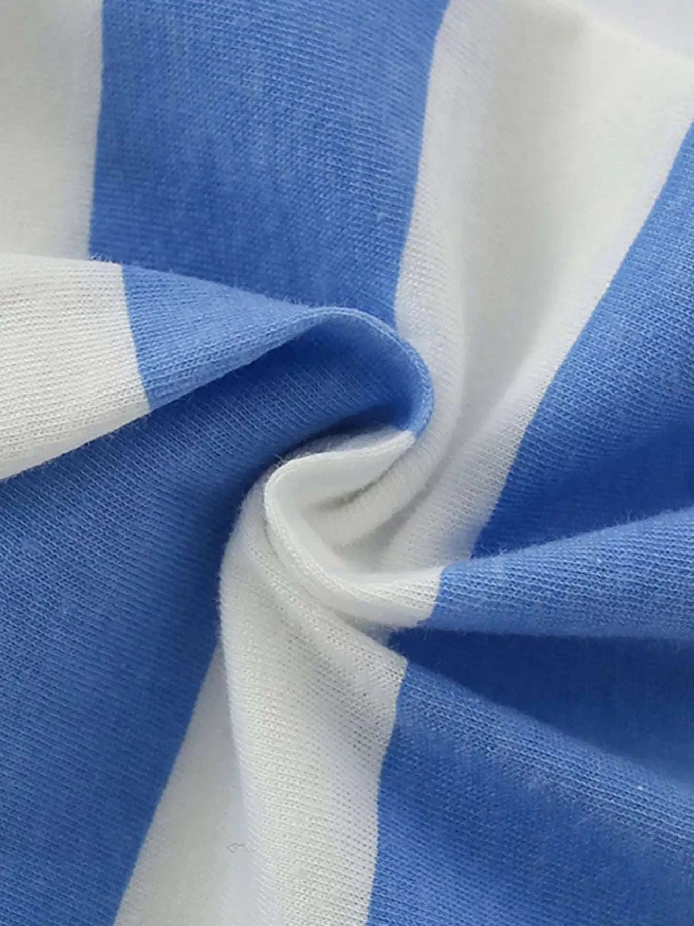 Blue and white striped kids shorts fabric with soft knit texture