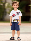 White car-print T-shirt and navy elastic-waist shorts set on child model