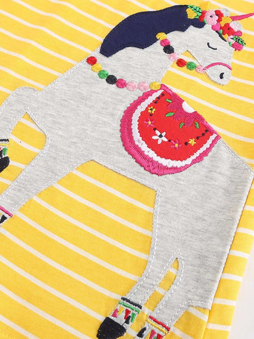 Yellow striped children's dress with unicorn applique and floral detail