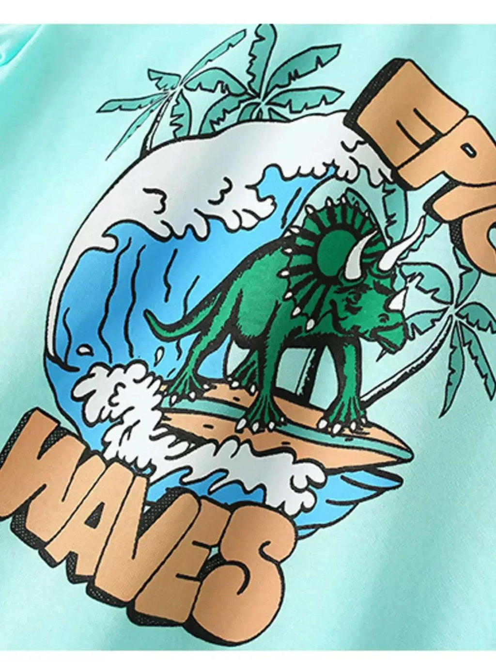 Aqua kids graphic T-shirt showing dinosaur surfing illustration on front