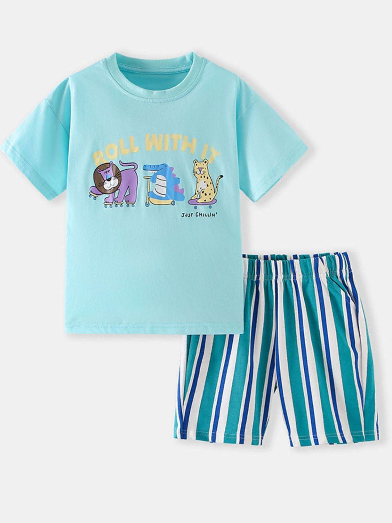 Children's aqua graphic t-shirt with striped shorts set, flat lay