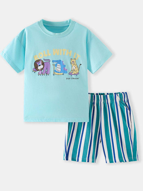 Children's aqua graphic t-shirt with striped shorts set, flat lay